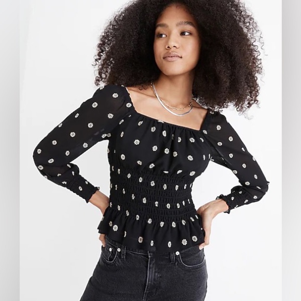 NWOT Madewell Georgette Square-Neck Smock-Waist Floral Top in Bloom Dot